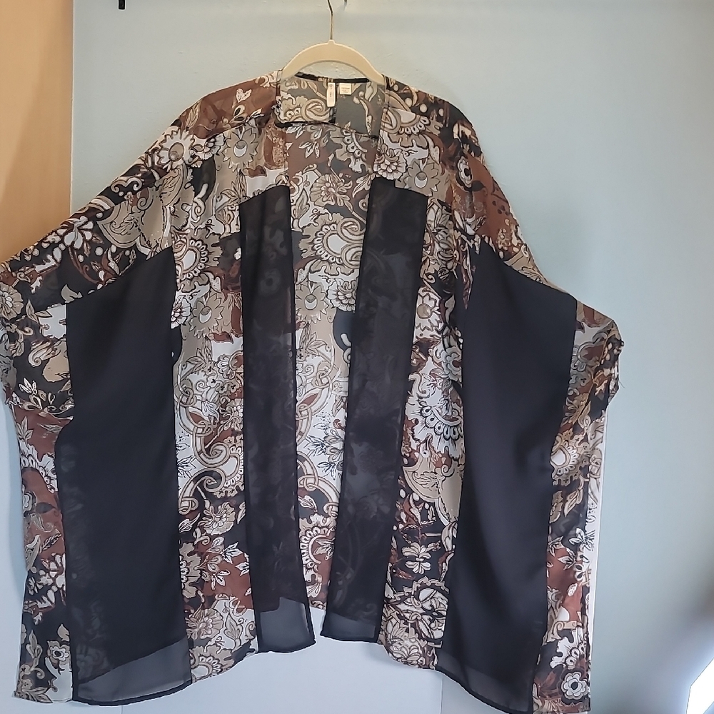 Cato Est 1946 Womans Kimono 18/20 W Black Brown Tan Paisley Short Sleeve Sheer - Picture 3 of 5